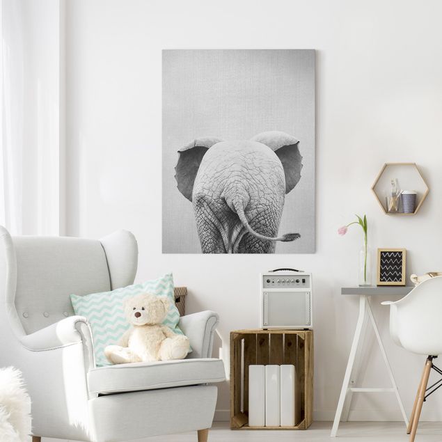 Canvas print - Baby Elephant From Behind Black And White - Portrait format 3:4