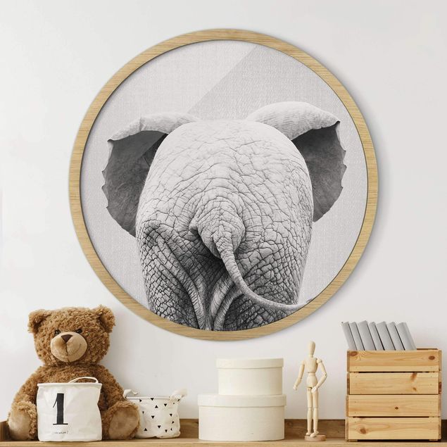 Framed prints round Baby Elephant From Behind Black And White