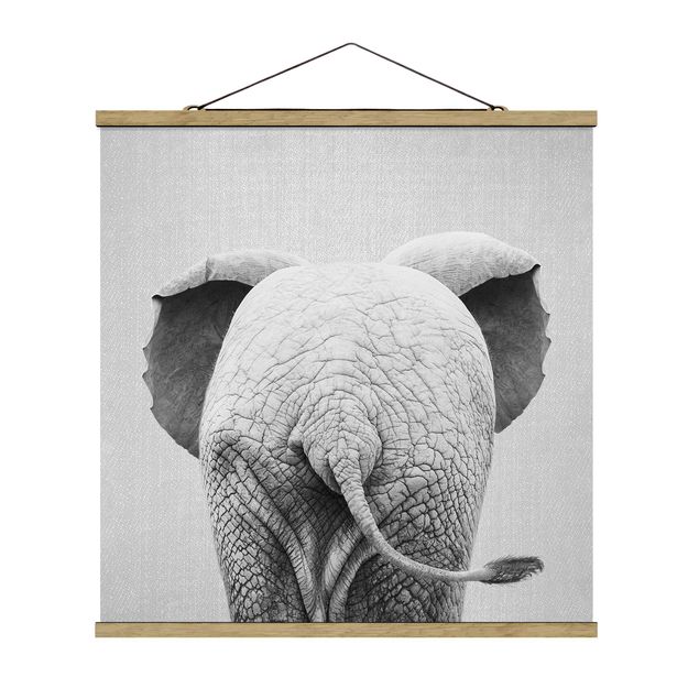 Fabric print with poster hangers - Baby Elephant From Behind Black And White - Square 1:1
