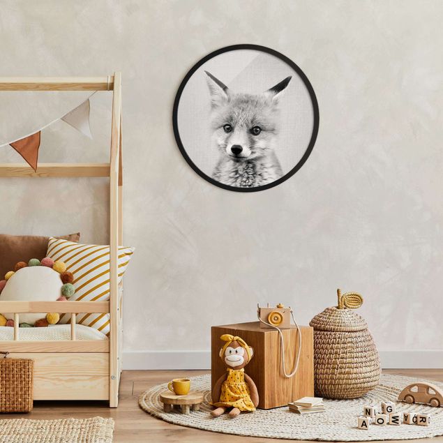Circular framed print - Baby Fox Fritz Black And White