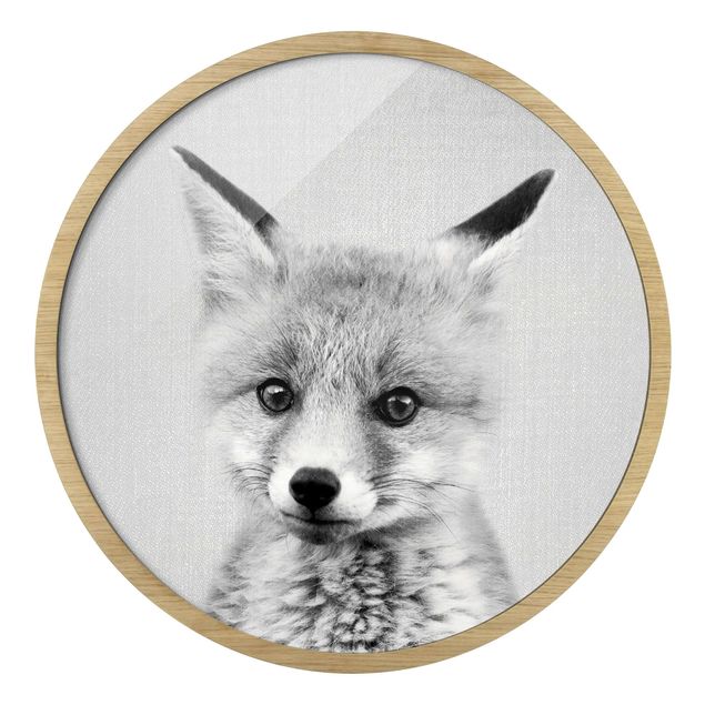 Circular framed print - Baby Fox Fritz Black And White