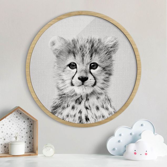 Framed prints round Baby Cheetah Gino Black And White