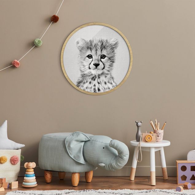 Circular framed print - Baby Cheetah Gino Black And White