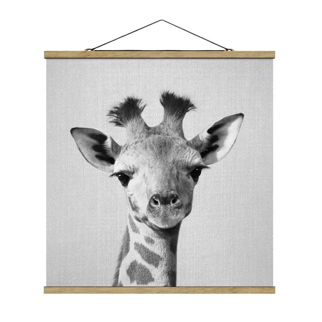 Fabric print with poster hangers - Baby Giraffe Gandalf Black And White - Square 1:1
