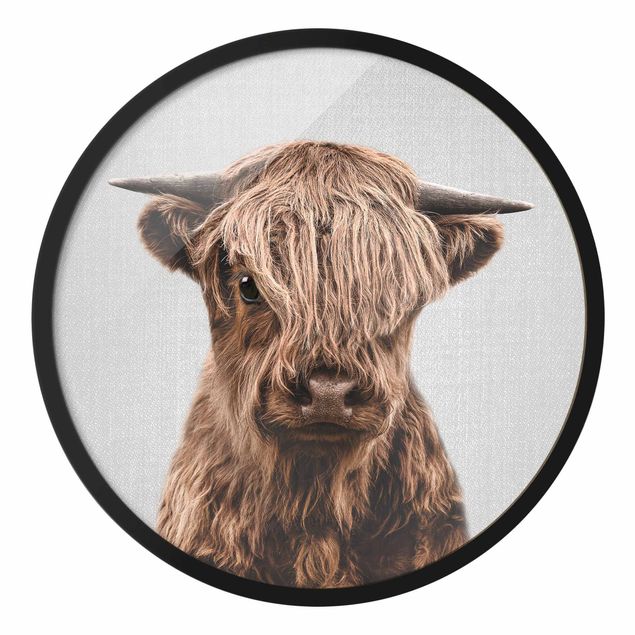 Circular framed print - Baby Highland Cow Henri