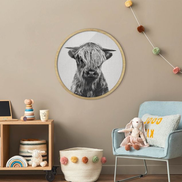Circular framed print - Baby Highland Cow Henri Black And White