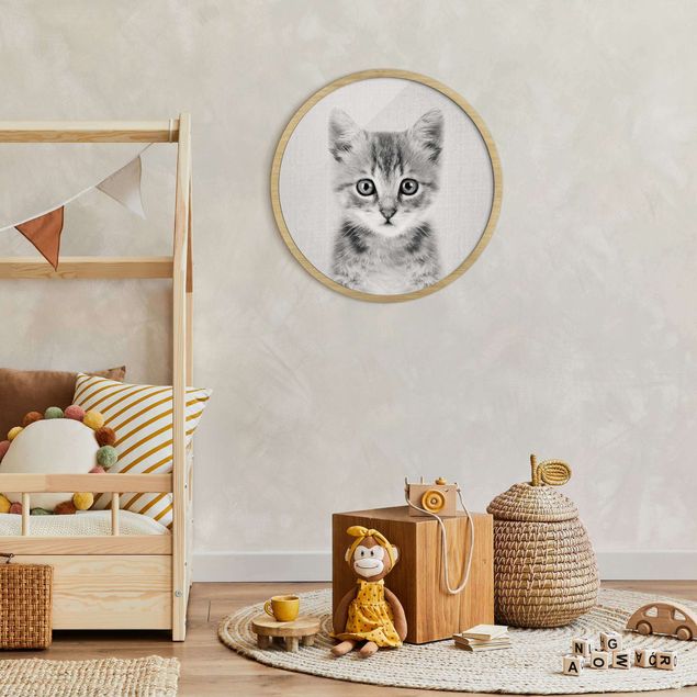 Circular framed print - Baby Cat Killi Black And White
