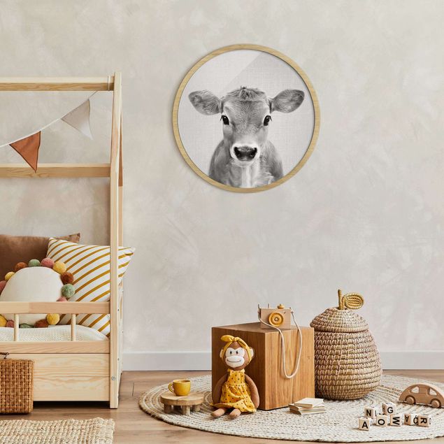 Circular framed print - Baby Cow Kira Black And White