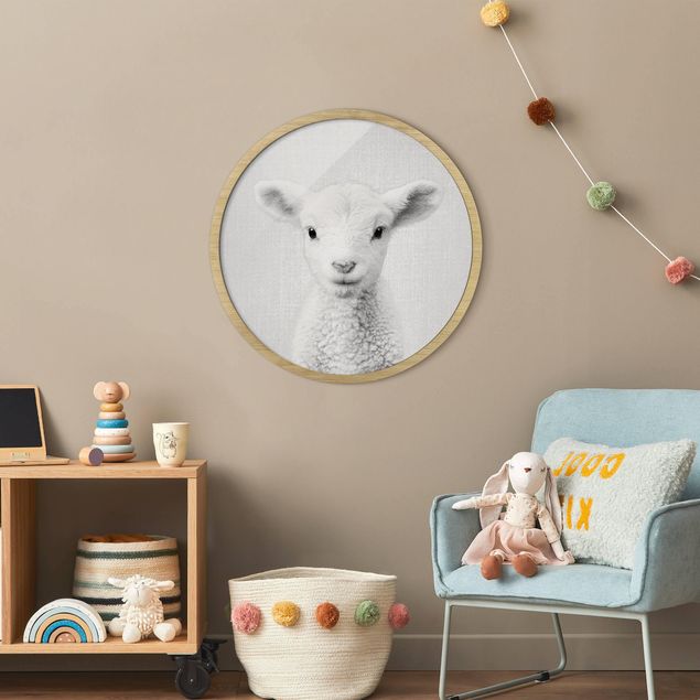 Circular framed print - Baby Lamb Lina Black And White