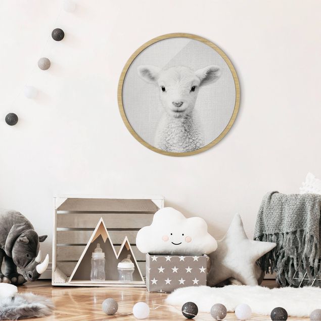 Circular framed print - Baby Lamb Lina Black And White