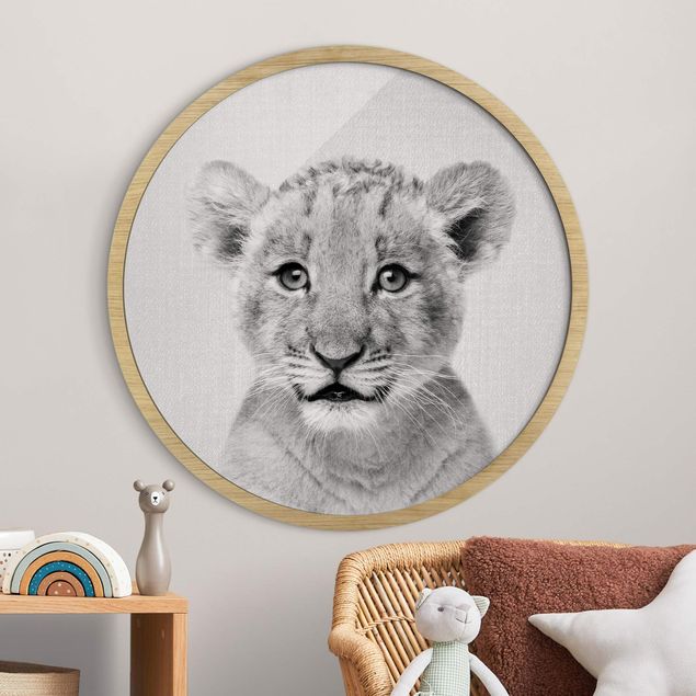 Framed prints round Baby Lion Luca Black And White