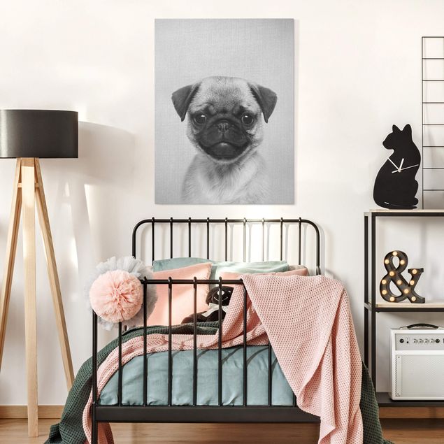 Canvas print - Baby Pug Moritz Black And White - Portrait format 3:4