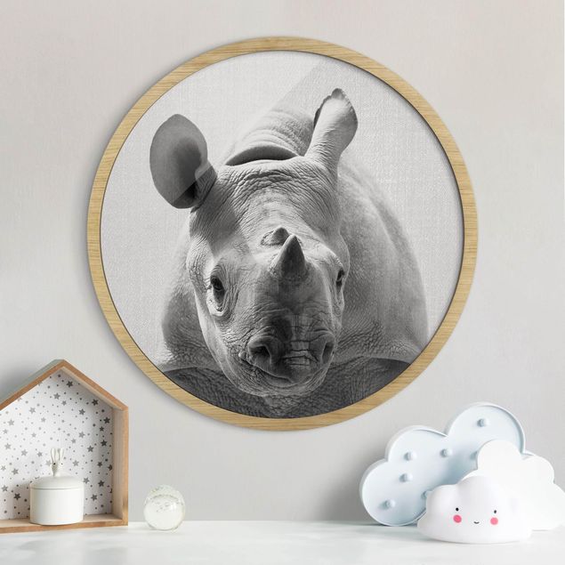 Framed prints round Baby Rhinoceros Nina Black And White