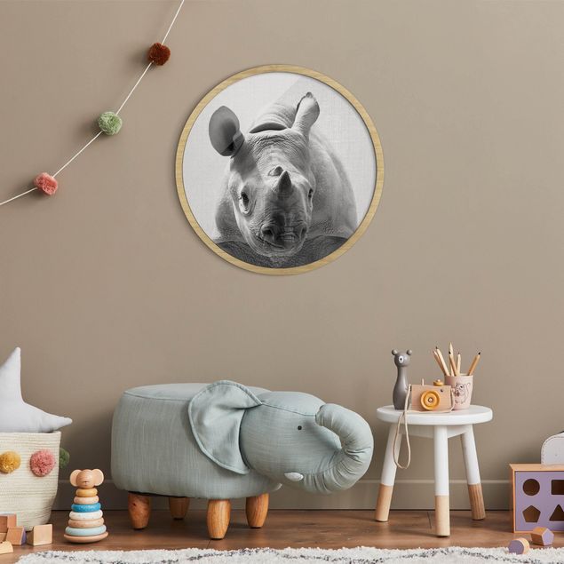 Circular framed print - Baby Rhinoceros Nina Black And White