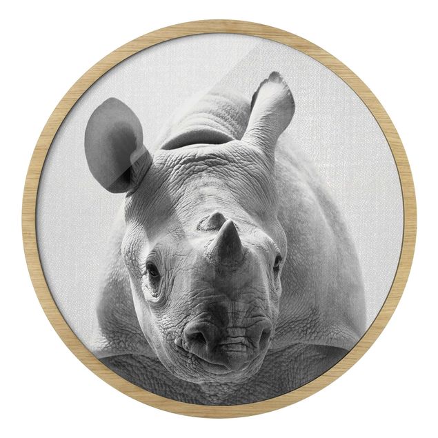 Circular framed print - Baby Rhinoceros Nina Black And White