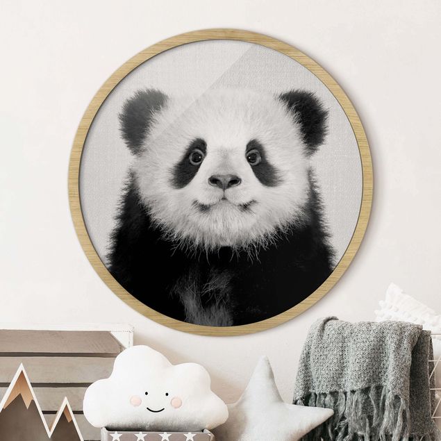 Framed prints round Baby Panda Prian Black And White