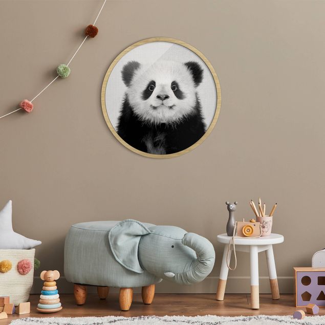 Circular framed print - Baby Panda Prian Black And White