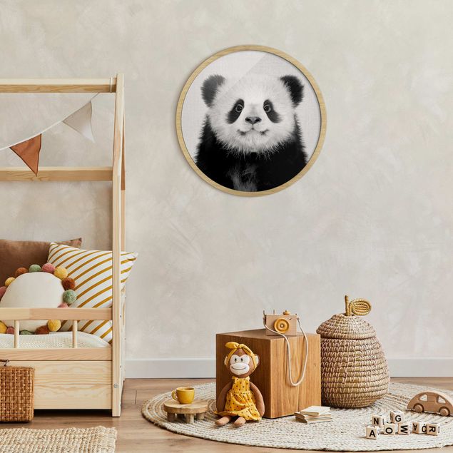 Circular framed print - Baby Panda Prian Black And White