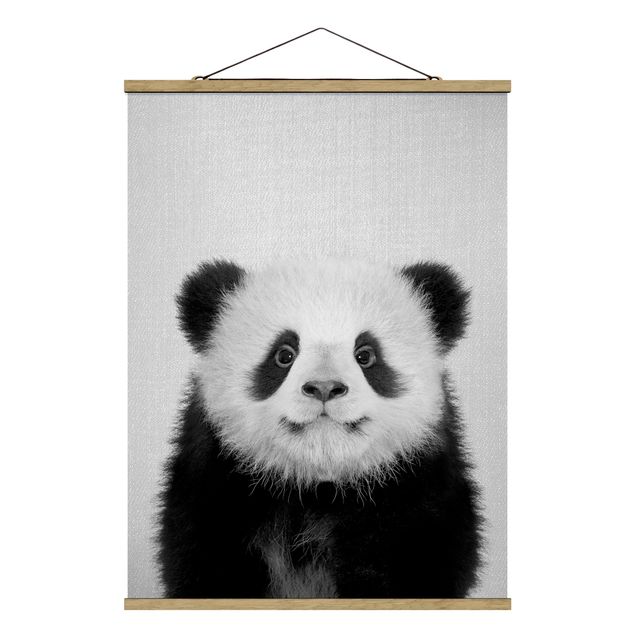 Fabric print with poster hangers - Baby Panda Prian Black And White - Portrait format 3:4