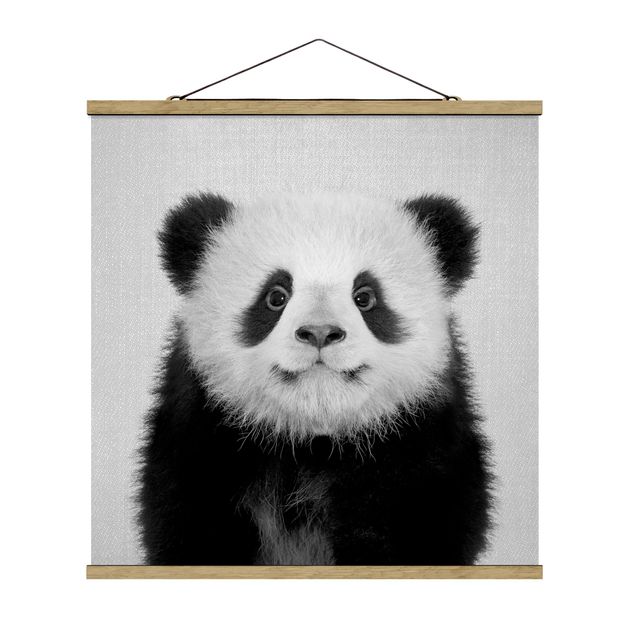 Fabric print with poster hangers - Baby Panda Prian Black And White - Square 1:1