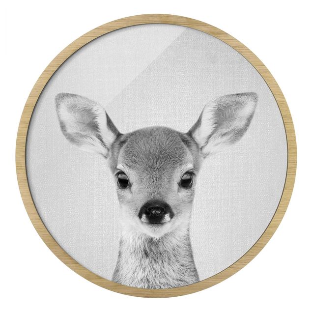 Circular framed print - Baby Roe Deer Romy Black And White