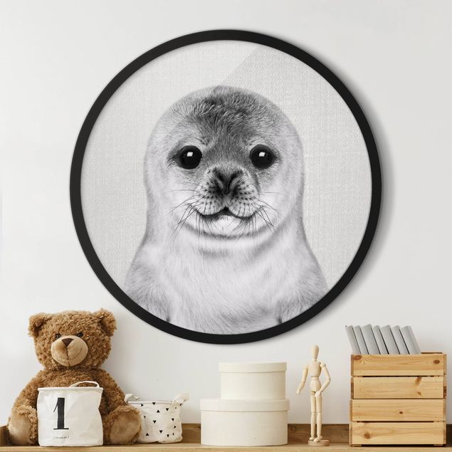 Framed prints round Baby Seal Ronny Black And White