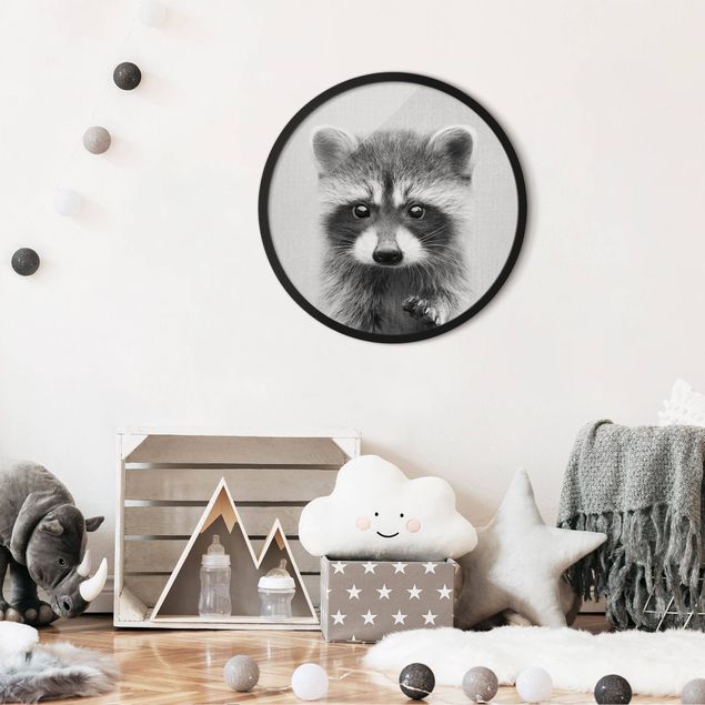 Circular framed print - Baby Raccoon Wicky Black And White