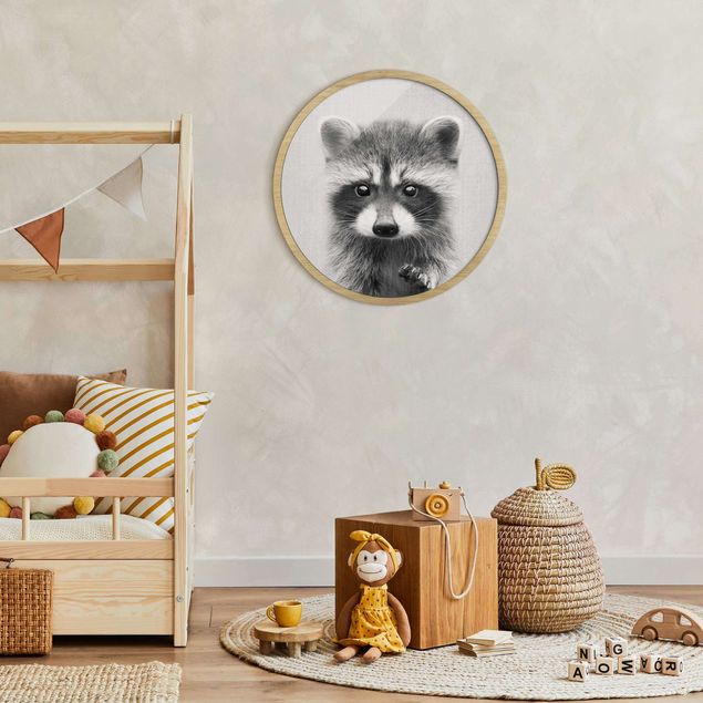 Circular framed print - Baby Raccoon Wicky Black And White