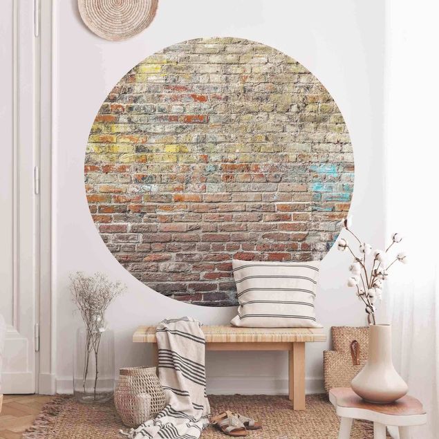 Self-adhesive round wallpaper - Brick Wall With Shabby Colouring