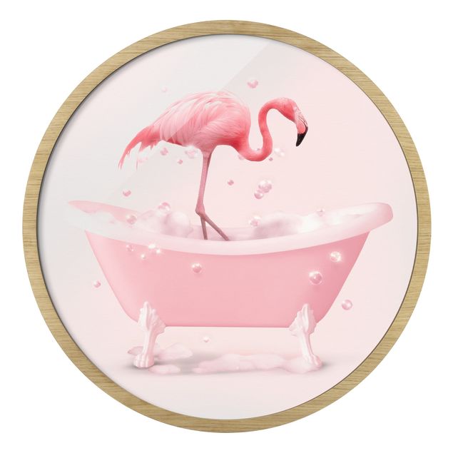 Circular framed print - Bath Tub Flamingo