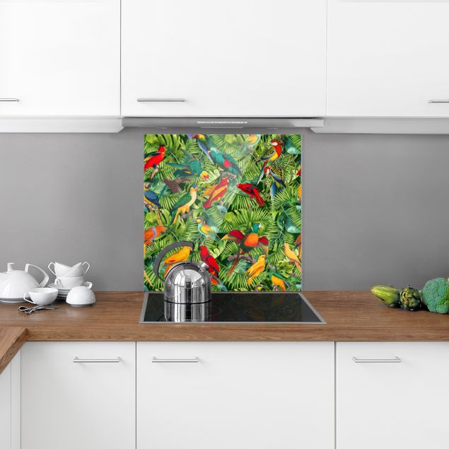Glass splashback art print Colourful Collage - Parrots In The Jungle