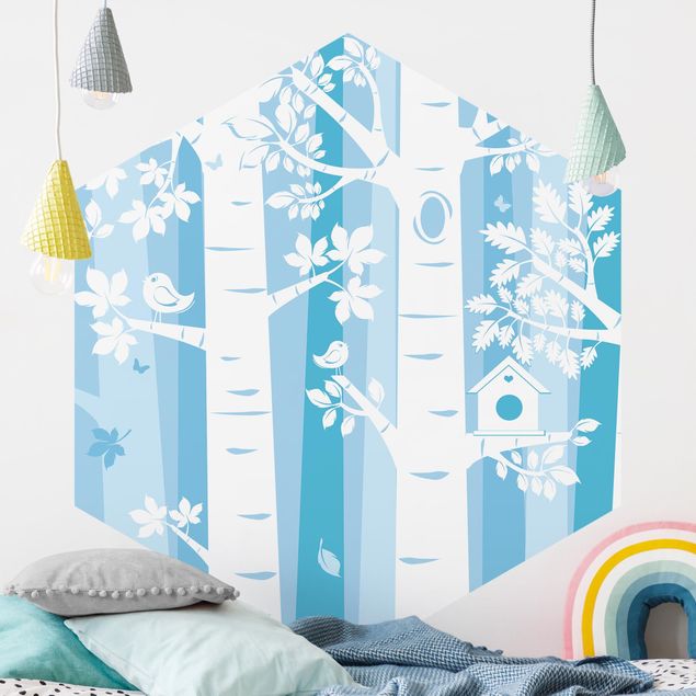 Self-adhesive hexagonal wall mural Trees In The Forest Blue