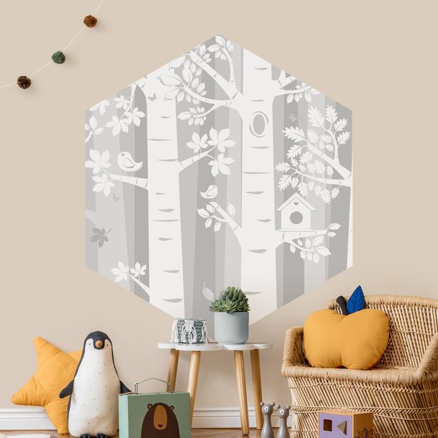 Self-adhesive hexagonal pattern wallpaper - Trees In The Forest Gray