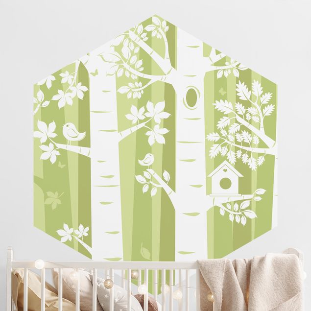 Hexagonal wallpapers Trees In The Forest Green