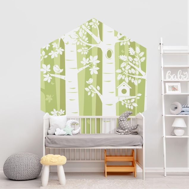 Self-adhesive hexagonal pattern wallpaper - Trees In The Forest Green