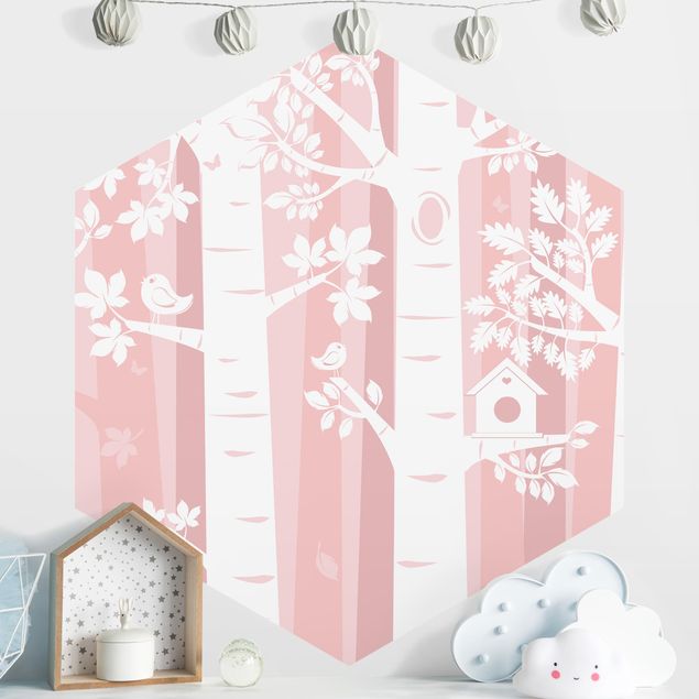 Hexagonal wall mural Trees In The Forest Pink