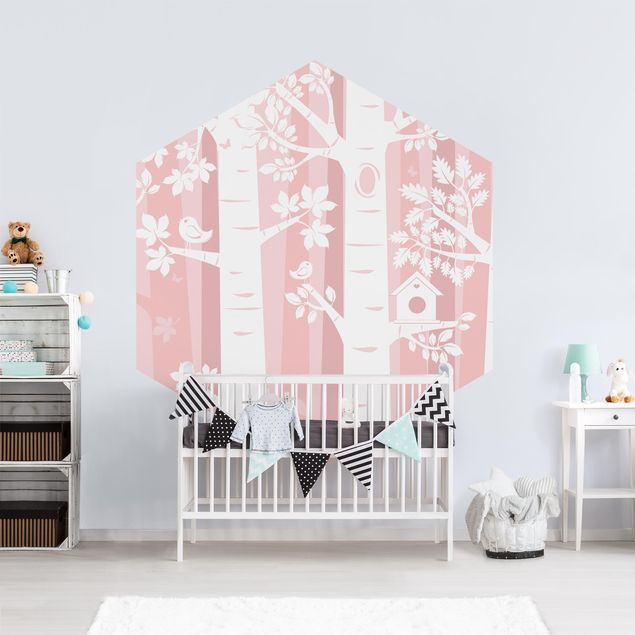 Self-adhesive hexagonal pattern wallpaper - Trees In The Forest Pink