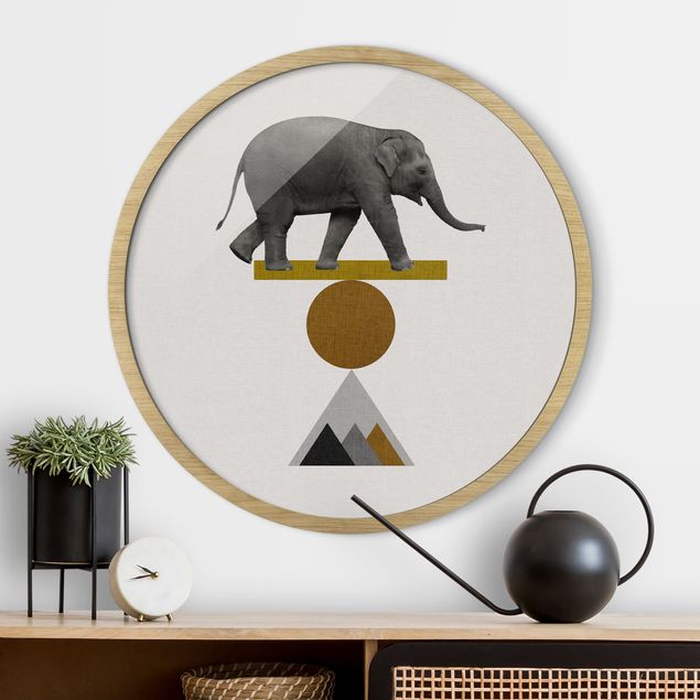 Framed prints round Art Of Balance Elephant