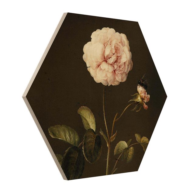 Wooden hexagon - Barbara Regina Dietzsch - French Rose with Bumblebee