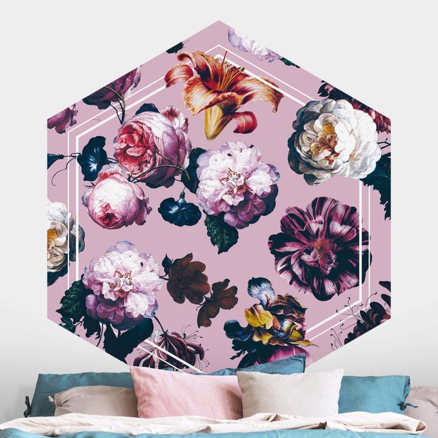 Hexagonal wall mural Baroque Flowers With White Geometry In Pink