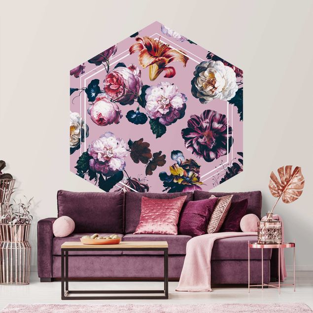 Self-adhesive hexagonal pattern wallpaper - Baroque Flowers With White Geometry In Pink