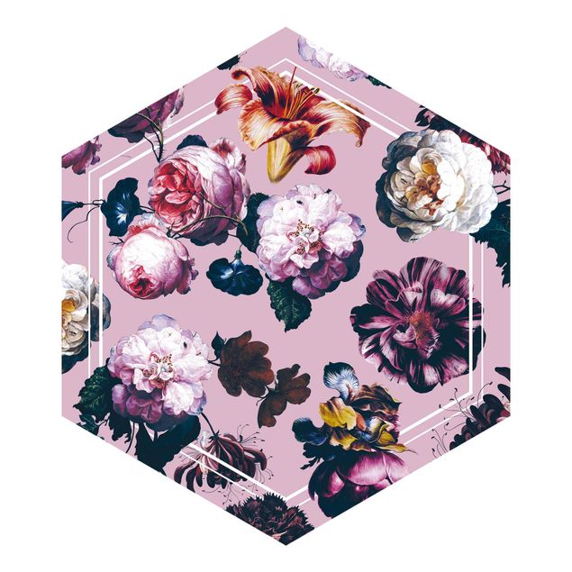 Self-adhesive hexagonal pattern wallpaper - Baroque Flowers With White Geometry In Pink