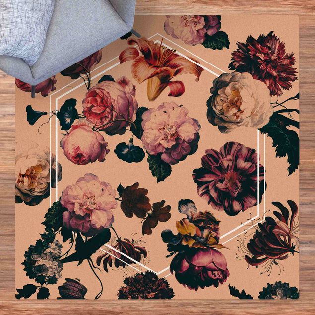 Cork mat - Baroque Flowers With white Geometry  - Square 1:1