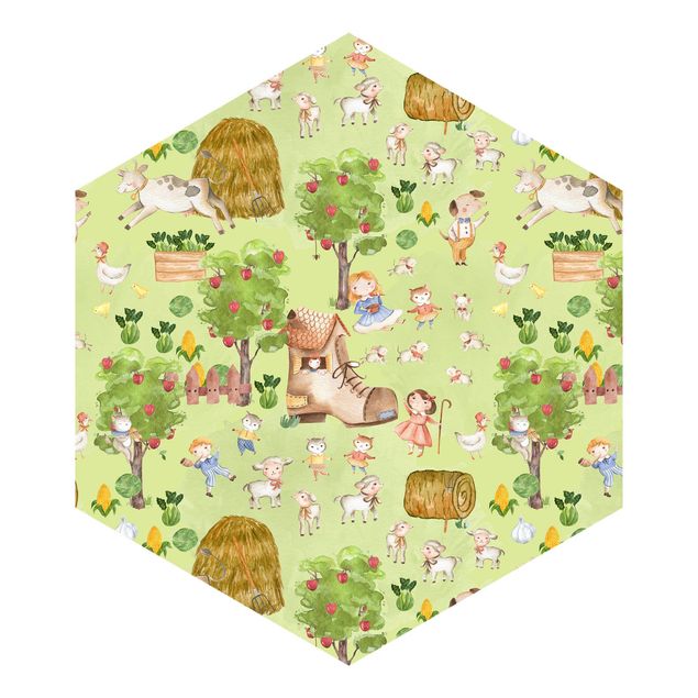 Self-adhesive hexagonal pattern wallpaper - Farm Illustration With Sheep