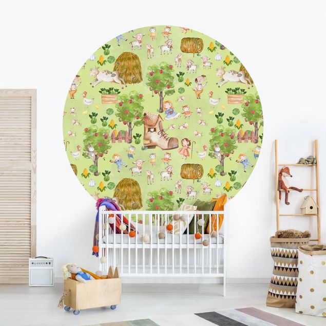Self-adhesive round wallpaper kids - Farm Illustration With Sheep