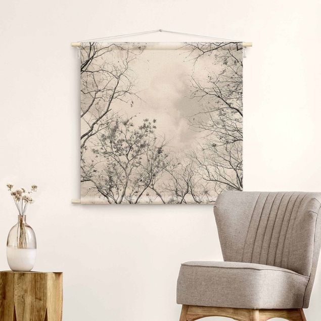 extra large wall tapestry Treetops In The Sky In Warm Grey