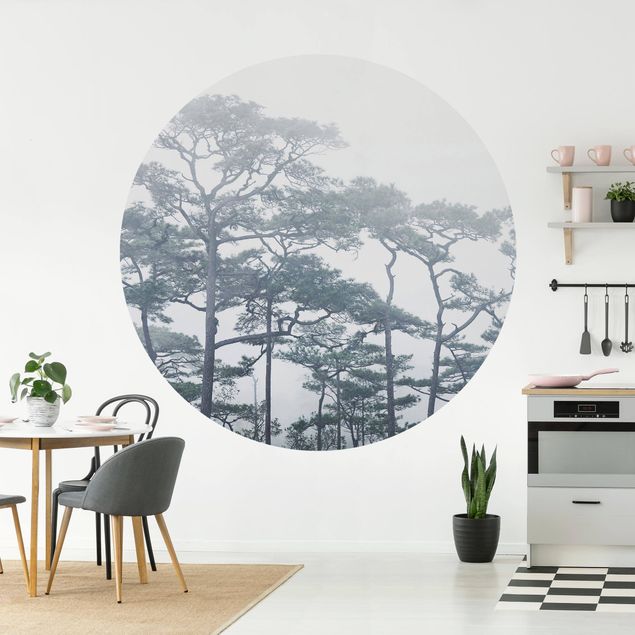 Self-adhesive round wallpaper forest - Treetops In Fog
