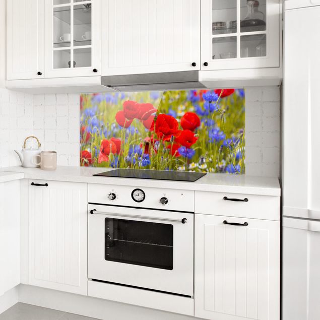 Glass splashback art print Summer Meadow With Poppies And Cornflowers