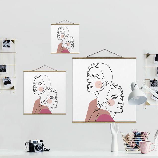 Fabric print with poster hangers - Line Art Women Portrait Cheeks Pink