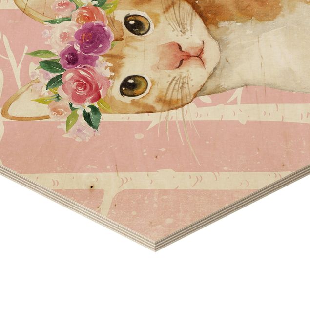 Hexagon Picture Wood - Watercolor Cat Pink